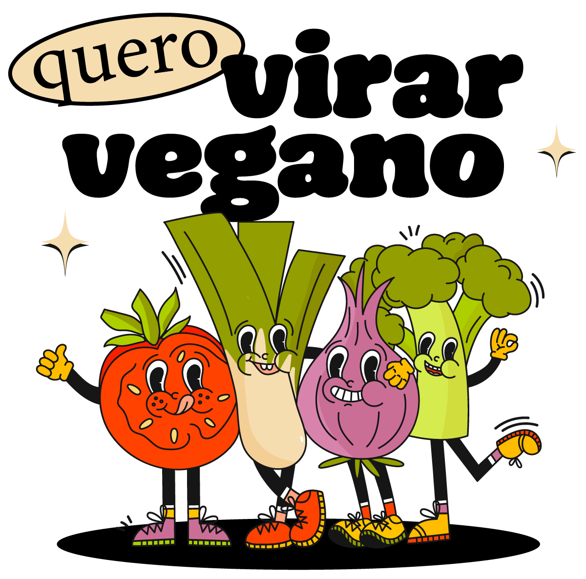 Personagens vegetais coloridos representando o projeto Quero Virar Vegano
